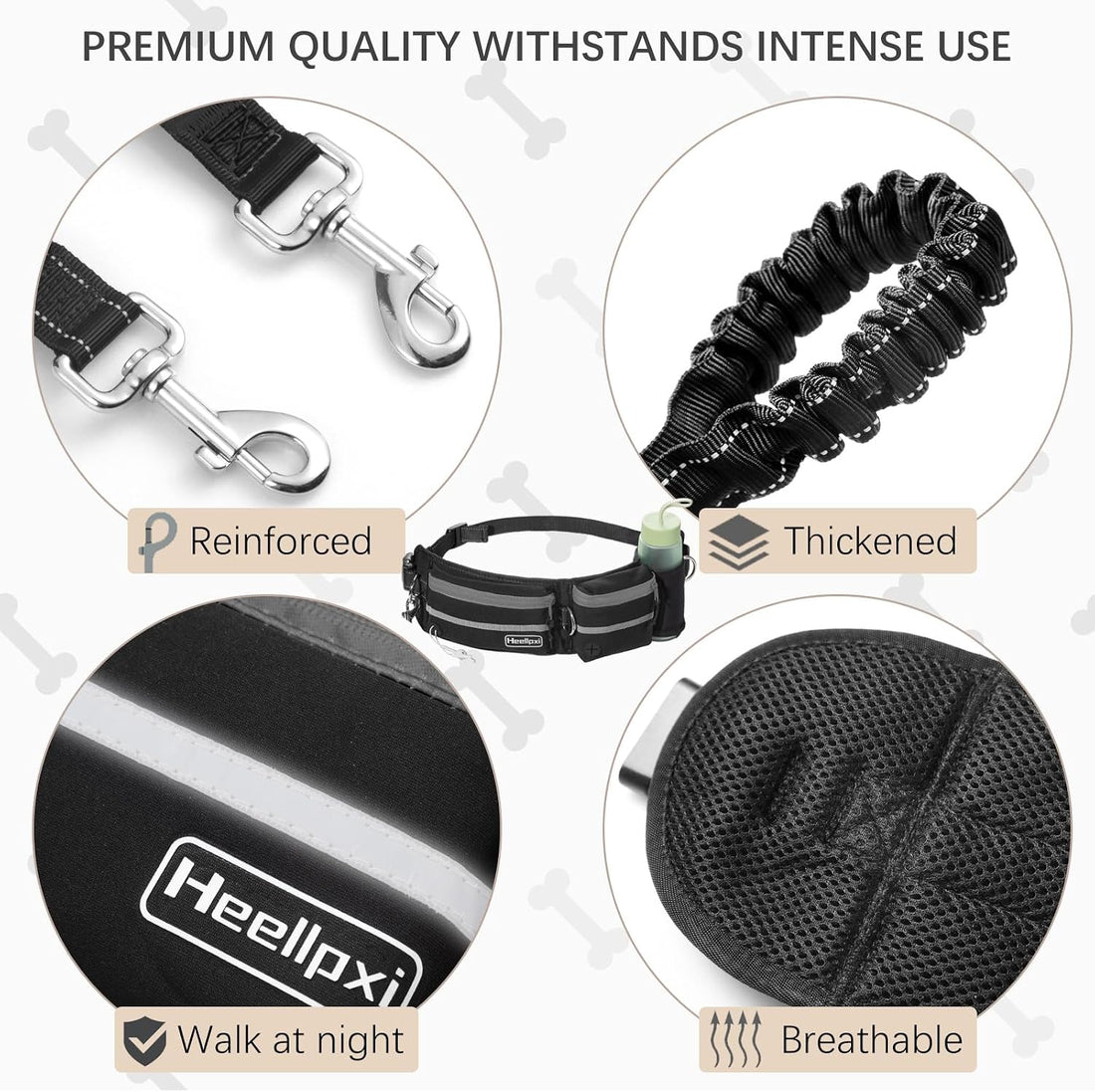 Heellpxi Dog Leash with Waist Belt, Reflective Stitching, Dual Handles