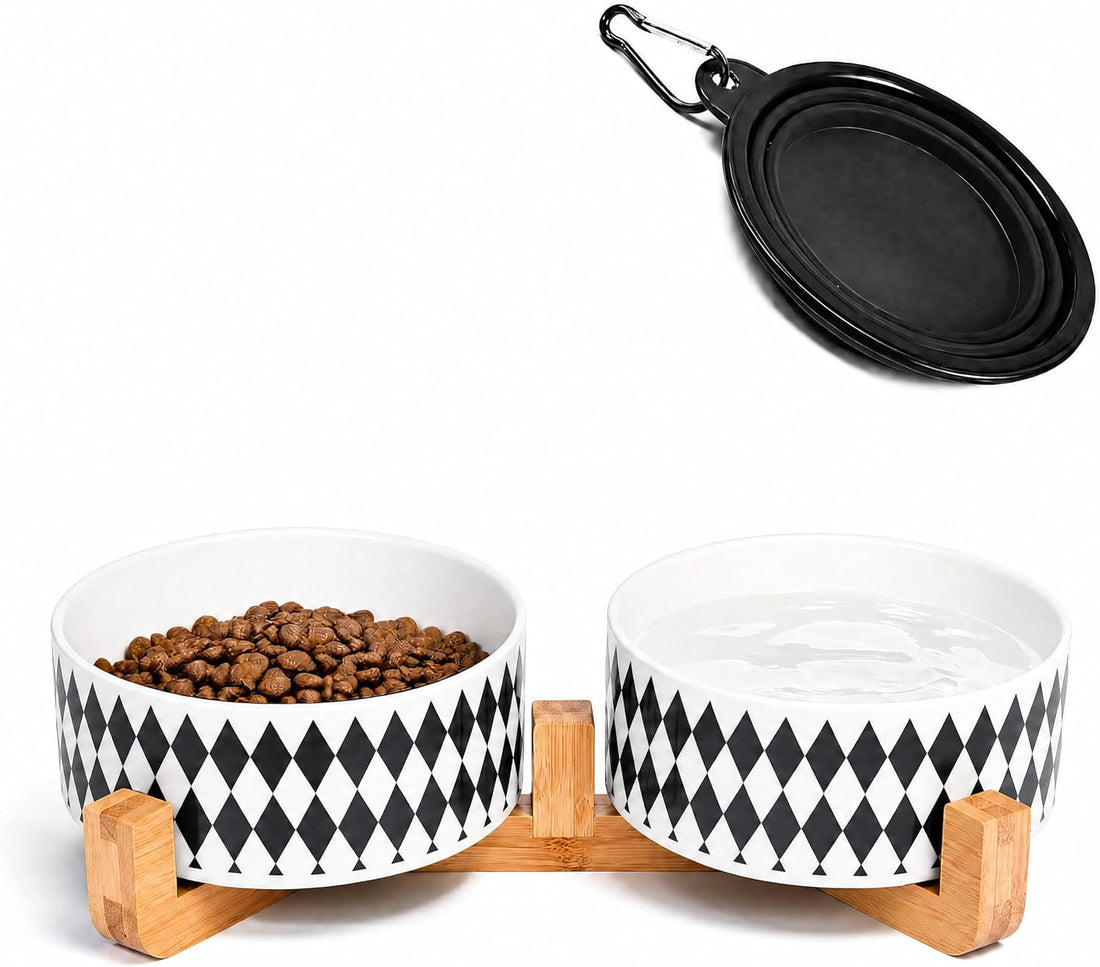 Petygooing Ceramic Dog Cat Bowls Set with Stand,Black Pet Food