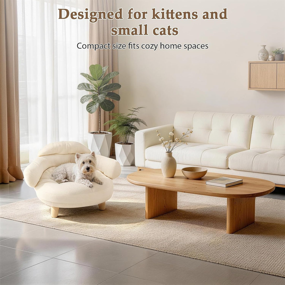 Kitten White Cat Sofa Bed, Pet Couch with Pine Wood Legs