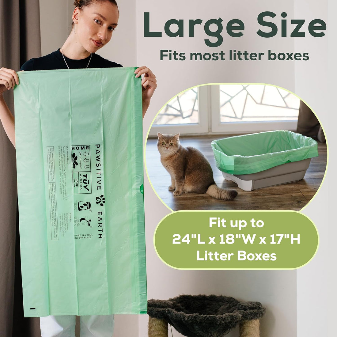 Cat Litter Box Liners 100% Compostable - Drawstring Close - 6 Count