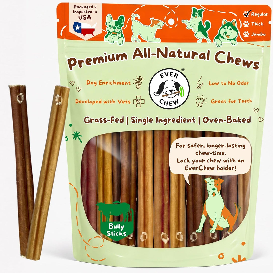 Low-Odor Bully Sticks for Dogs, 6" 100% Beef Refill Pack, Thick 10 Ct