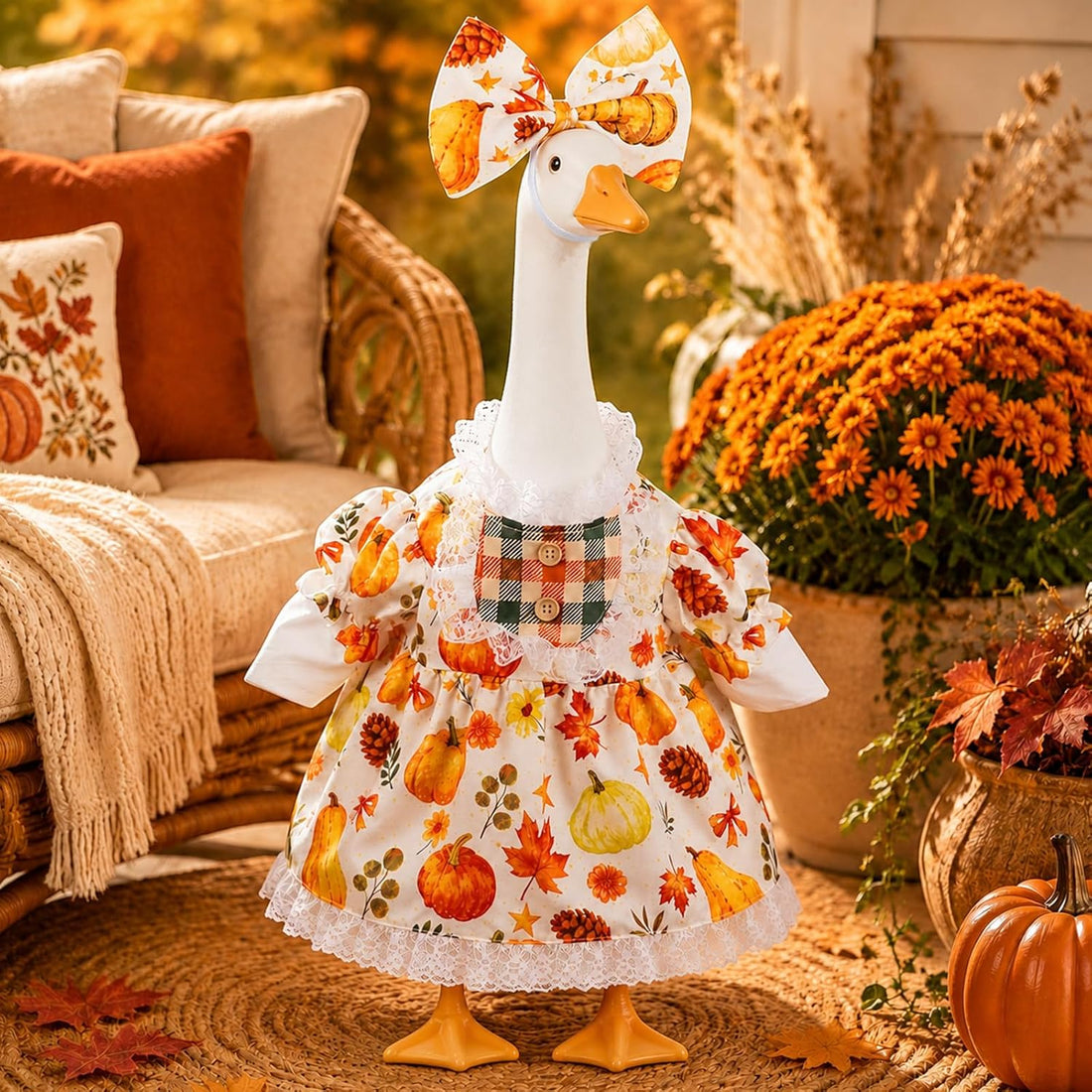 hoyuwak Fall Porch Goose Outfit Autumn Maple Leaf Goose Dress with Bow