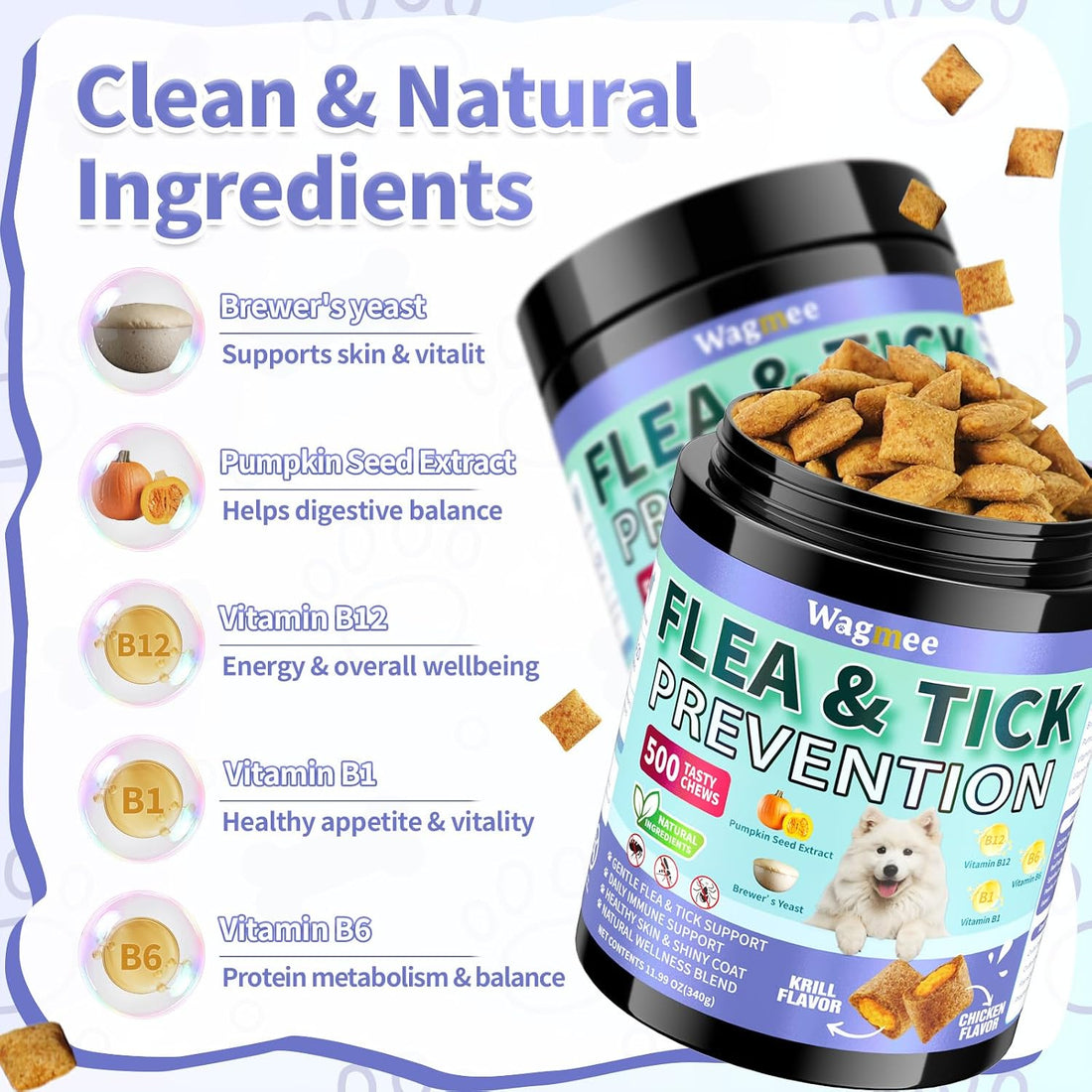 Flea and Tick Prevention for Dogs, 500 Crunchy Tasty Chews