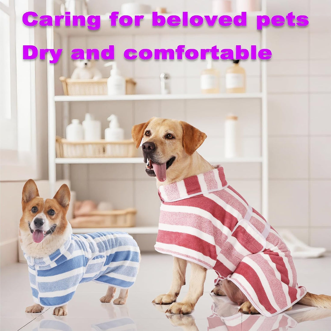 Dog Bathrobe, Quick-Dry Striped Drying Robe (Red, S)