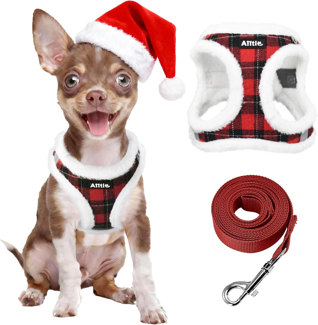 AIITLE Christmas Plush Small Dog Harness and Leash Set for Winter