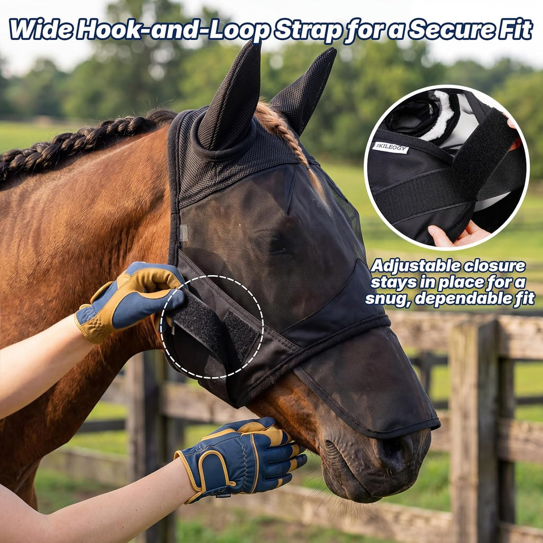 Horse Fly Mask with Ears & Detachab Nose Cover, Medium