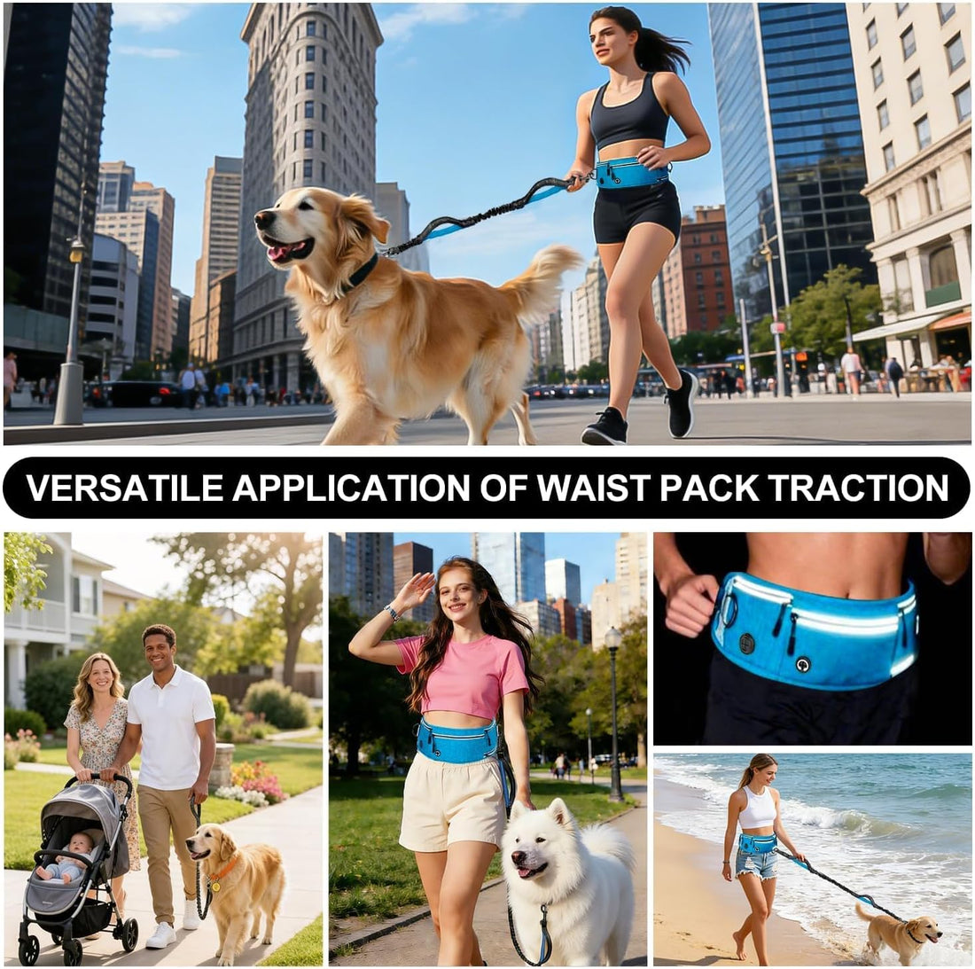 Hands Free Dog Leash with Partitioned Pouch Adjustable Waist Belt