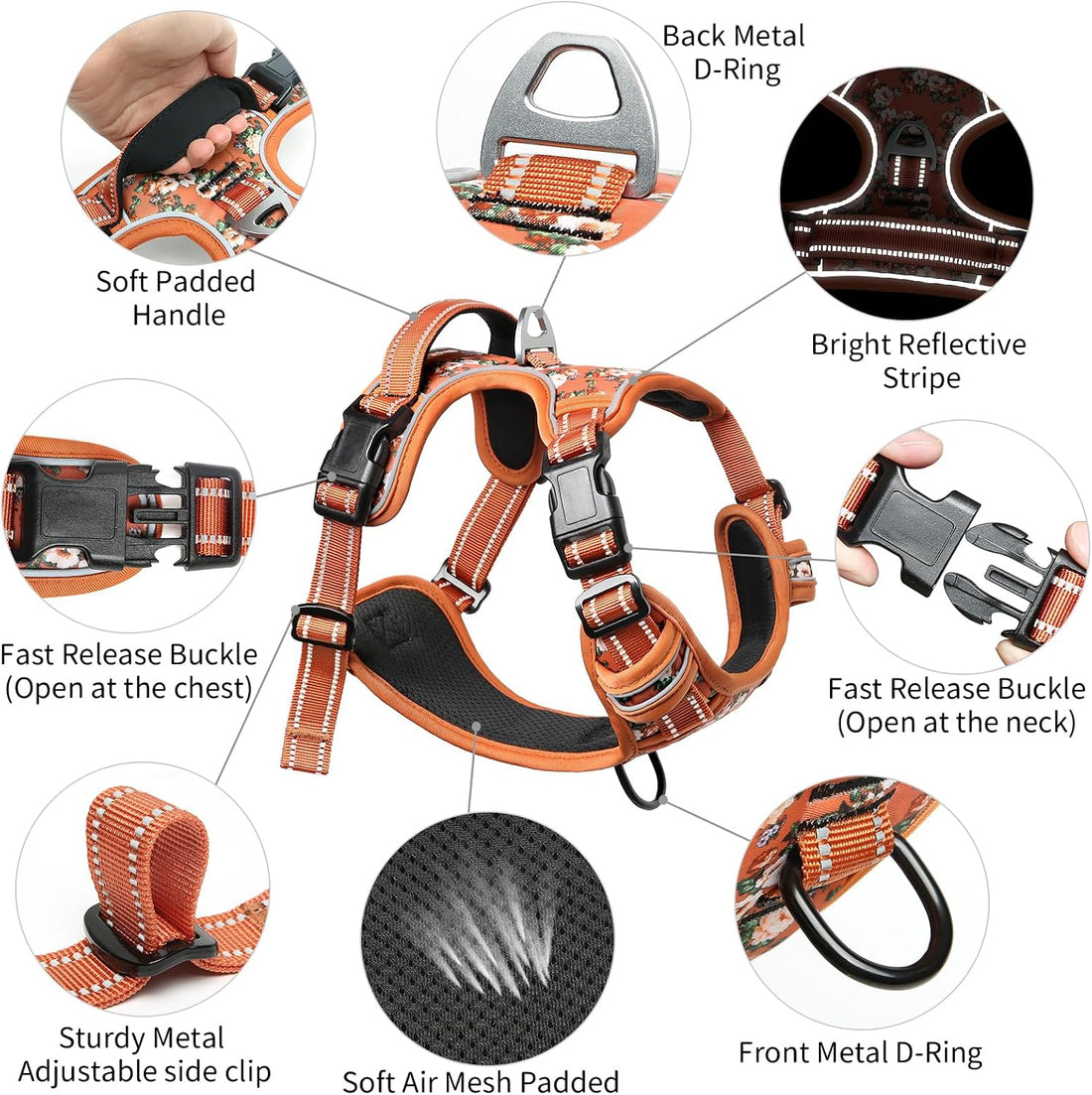 Timos Dog Harness, No Pull Large Sized with 3 Buckles, Flower Orange
