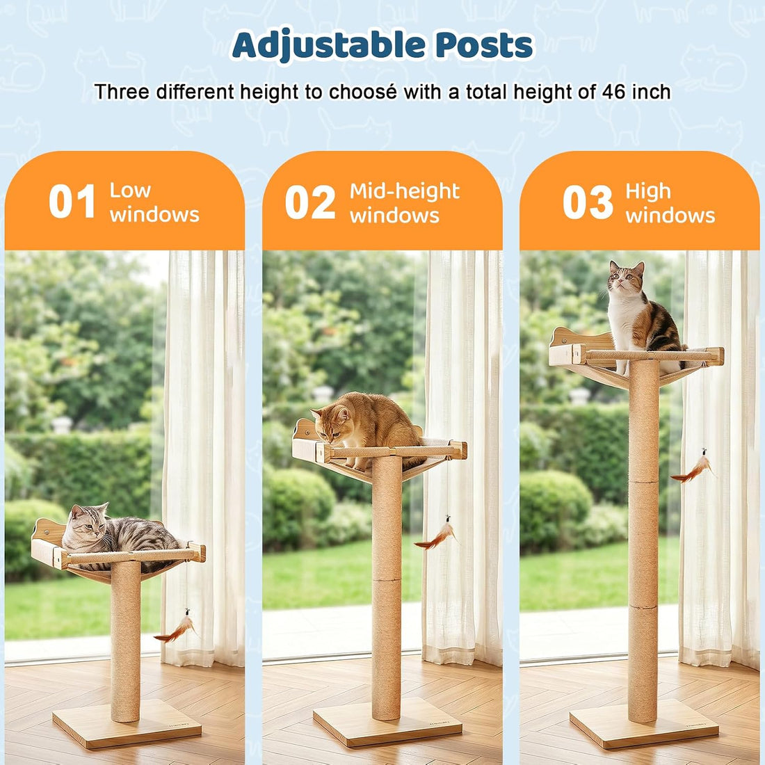 Cat Window Perch Hammock with 3-Piece Detachable Sisal Scratching