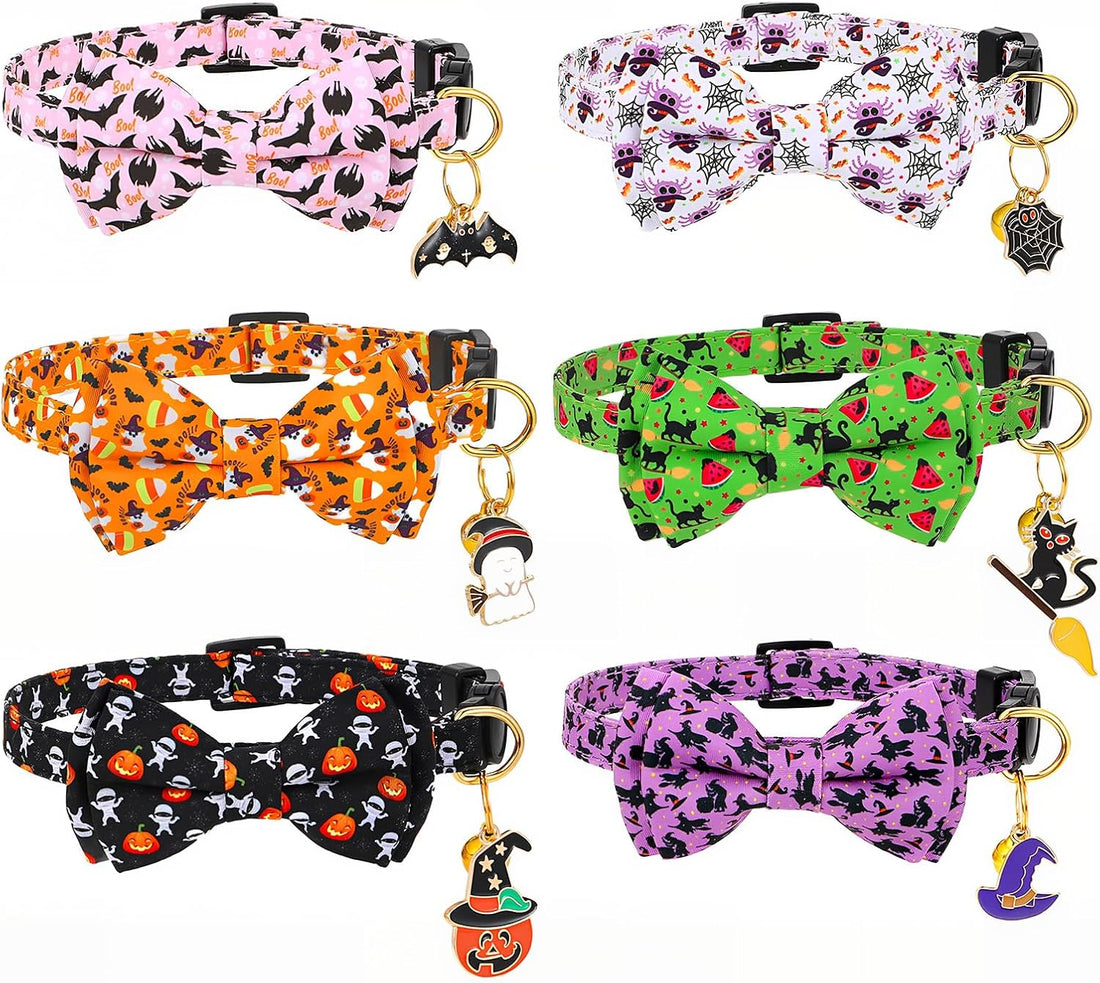 6 Pack Halloween Cat Collar with Bow Tie and Bell Breakaway Cat