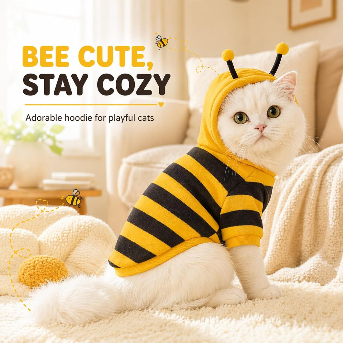 Cute Cat Bee Costume - Pet Halloween Apparel Bumble Bee Cosplay