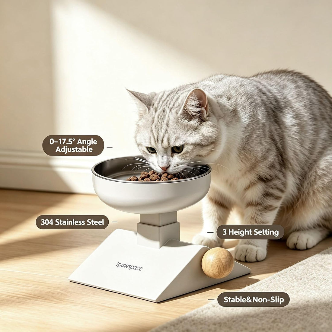 Elevated Cat Bowl with Height Adjustable 0-17.5° Tilt Stand,White