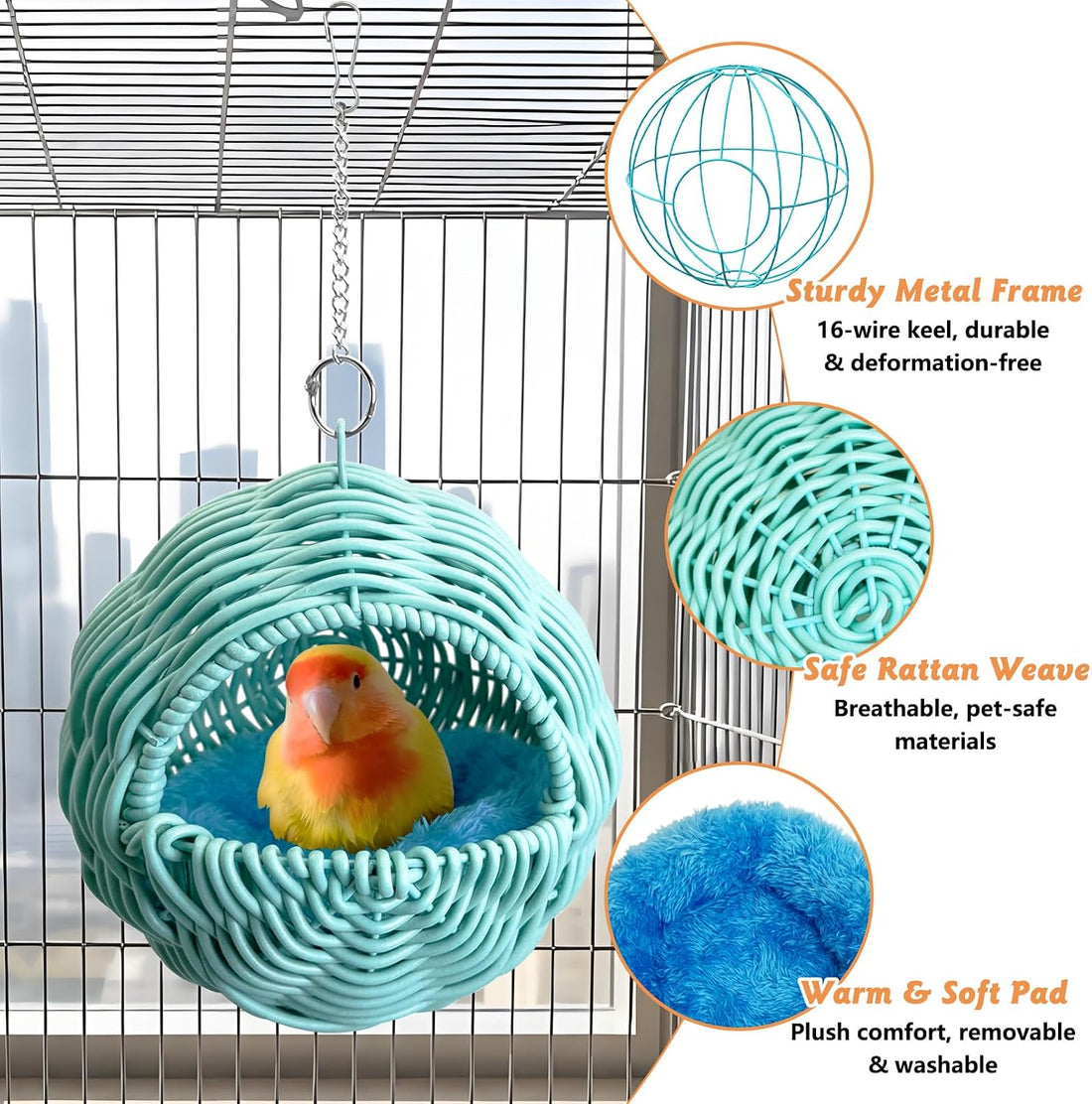 BNOSDM Bird Nest with Soft Pad Hanging Small Parrot Bed Set (Blue)