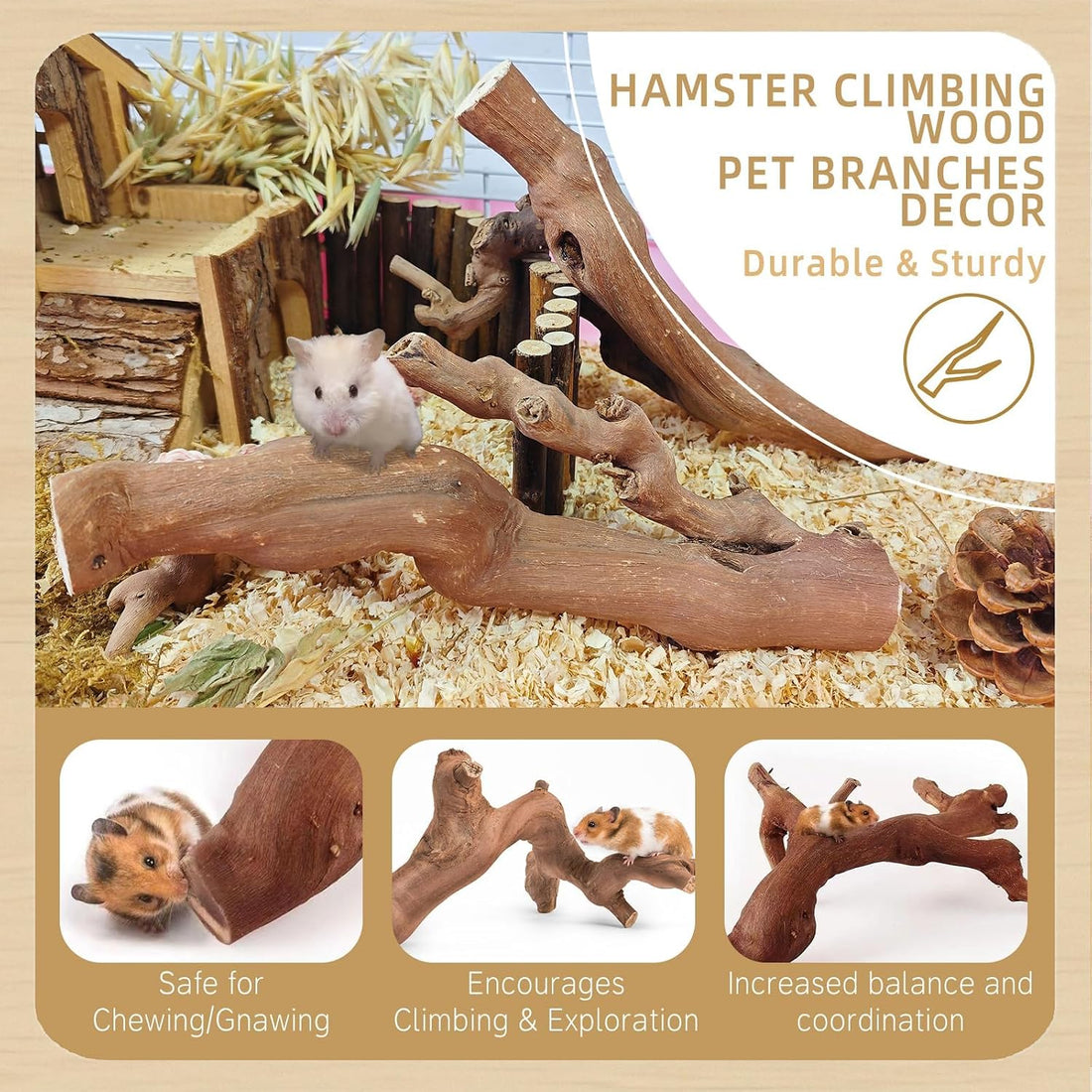 kathson 2Pcs Wood Hamster Climbing Branch Decor,Rat Climbing Chewing