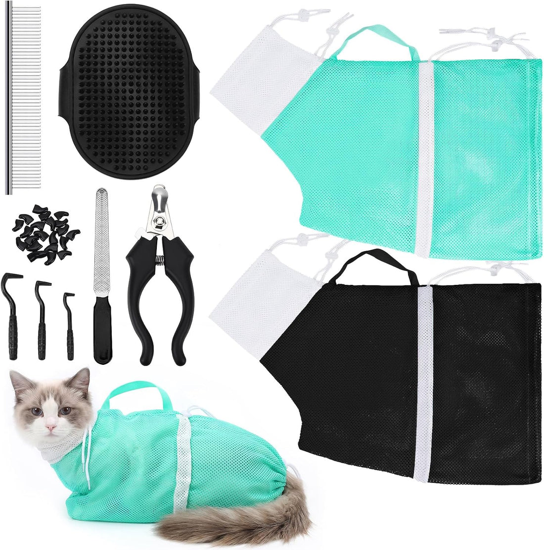 JULMELON 10 PCS Cat Washing Bag for Bath Shower Adjustable Net
