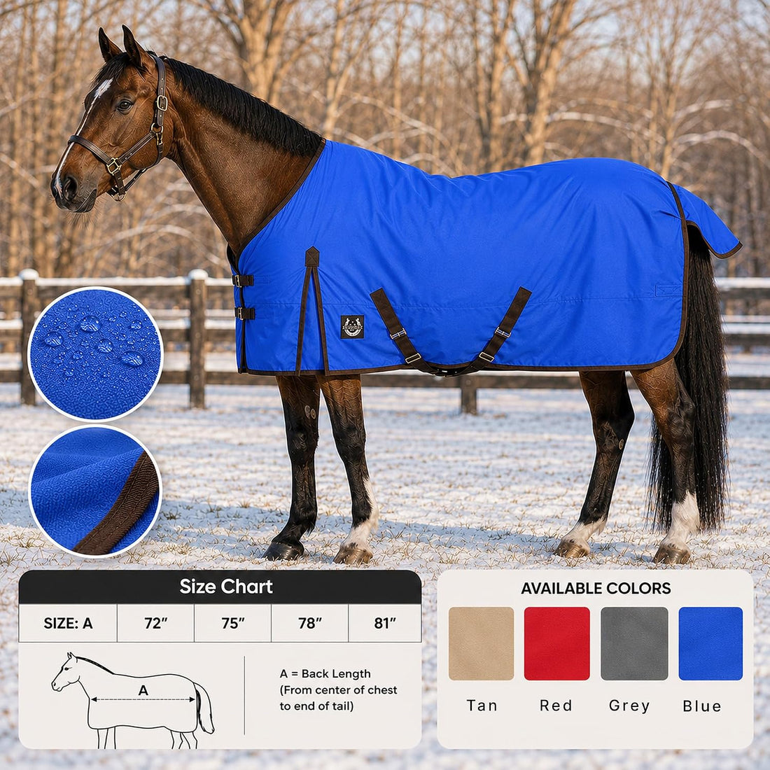 Horse Blanket 600D Ripstop Winter Turnout Blanket, 250 GSM Polyfill