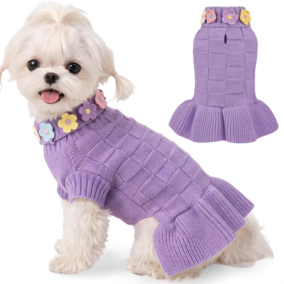 WOYYHO Small Dog Sweater Dress Checkerboard Knitted Princess Pet Dress