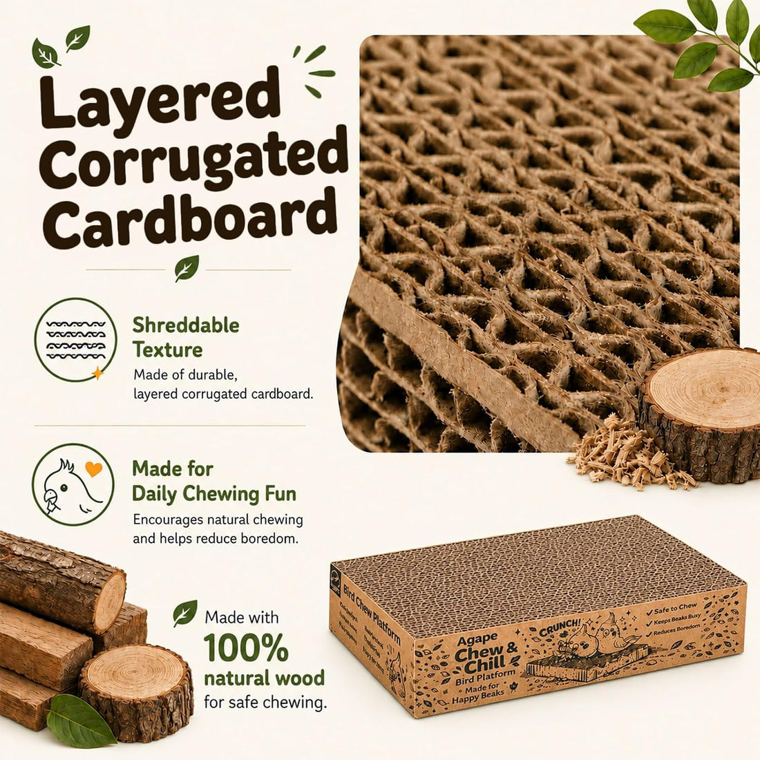 Agape Parrot Chew Toy, Shreddable Cardboard Bird Platform