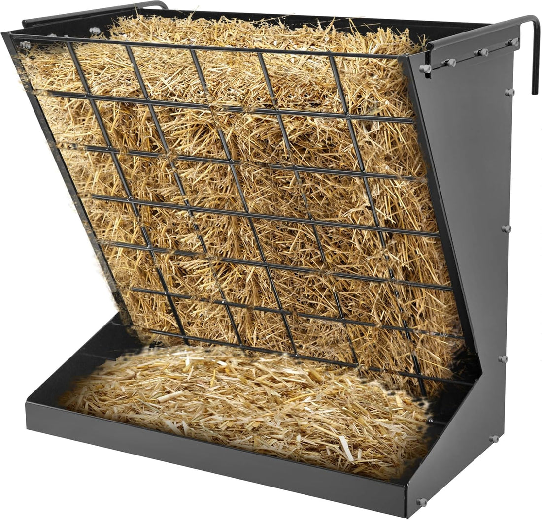 Wall Mount Hay Rack, Metal 2 in 1 Hay and Grain Feeder
