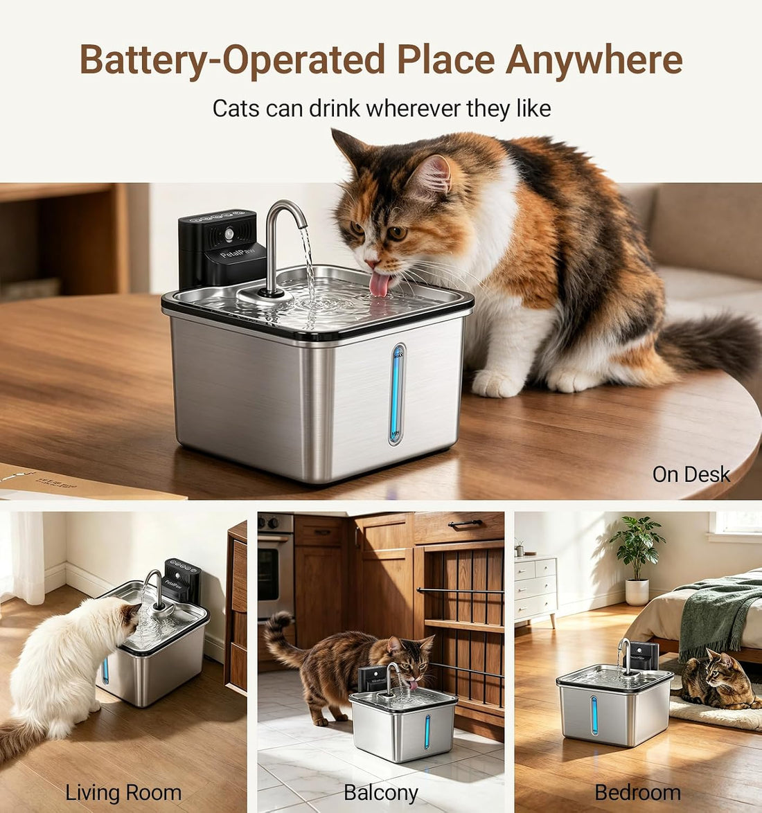 Wireless Cat Water Fountain, Water & Battery Separation, Faucet Design