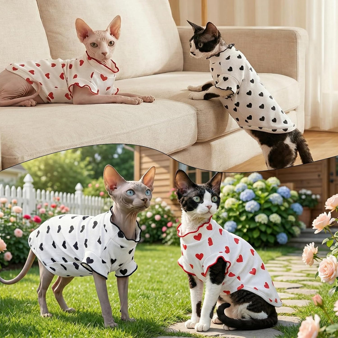 DENTRUN Heart Pattern Sphynx Hairless Cats Shirt