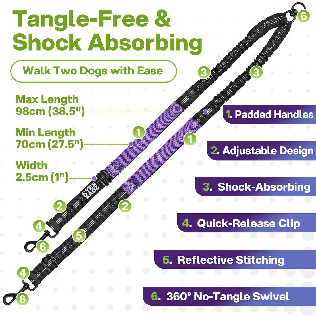 Double Dog Leash No Tangle - Hands Free Lead for 2 Dogs