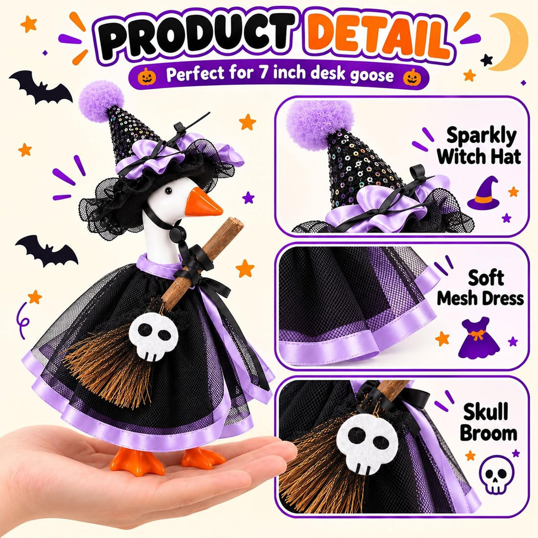 Halloween Desk Goose Clothes for 7 Inch Statues, Witch & Ghost 2-Pack