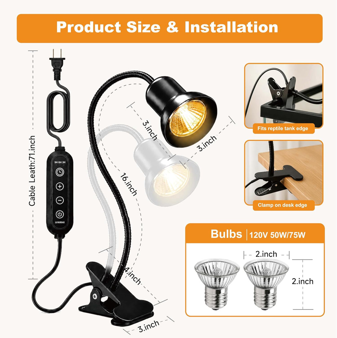 Dual Head Reptile Heat Lamp, 3H/6H/9H Timer, 0-10 Level Dimming