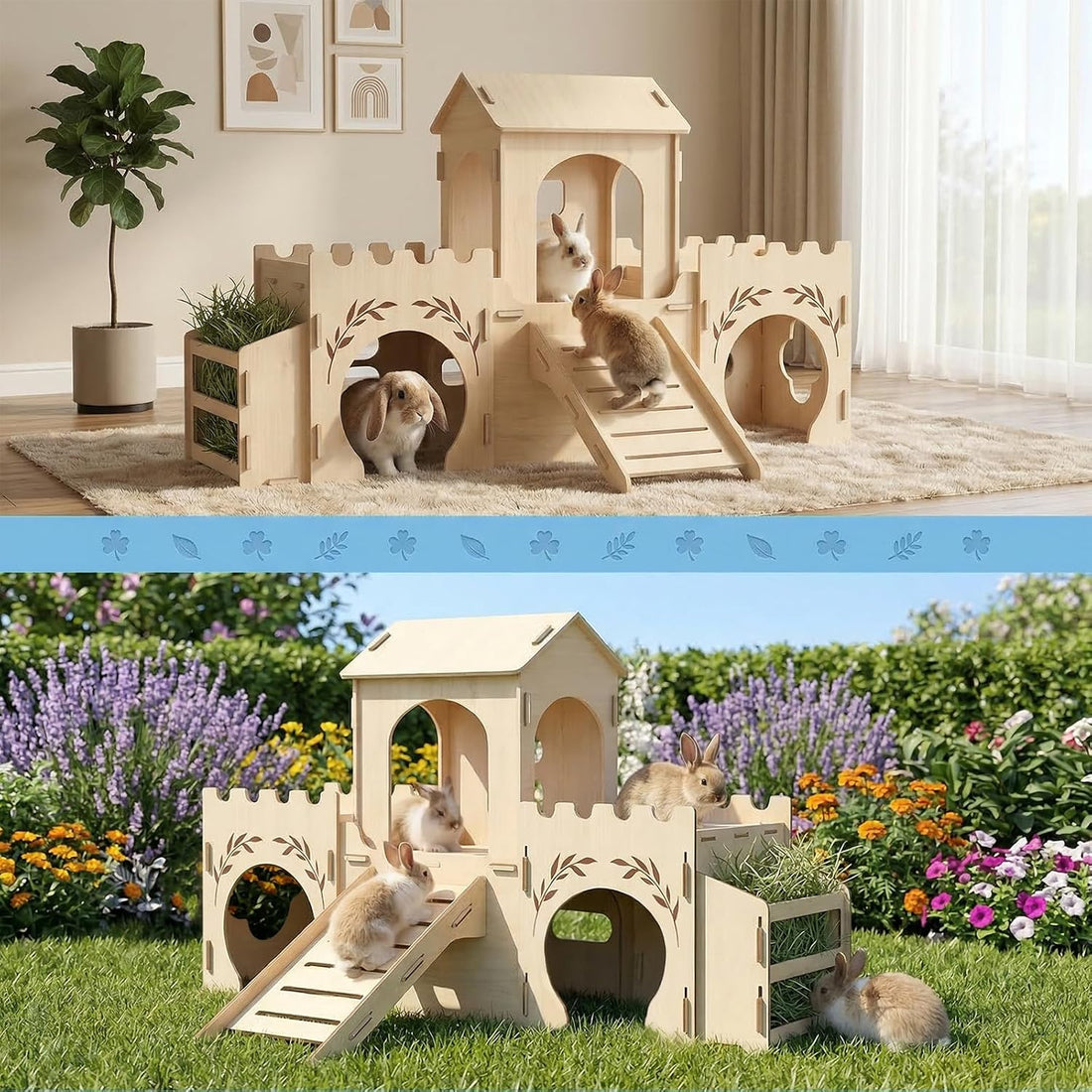 2-Level Wooden Rabbit Castle with Ramp and Hay Feeder