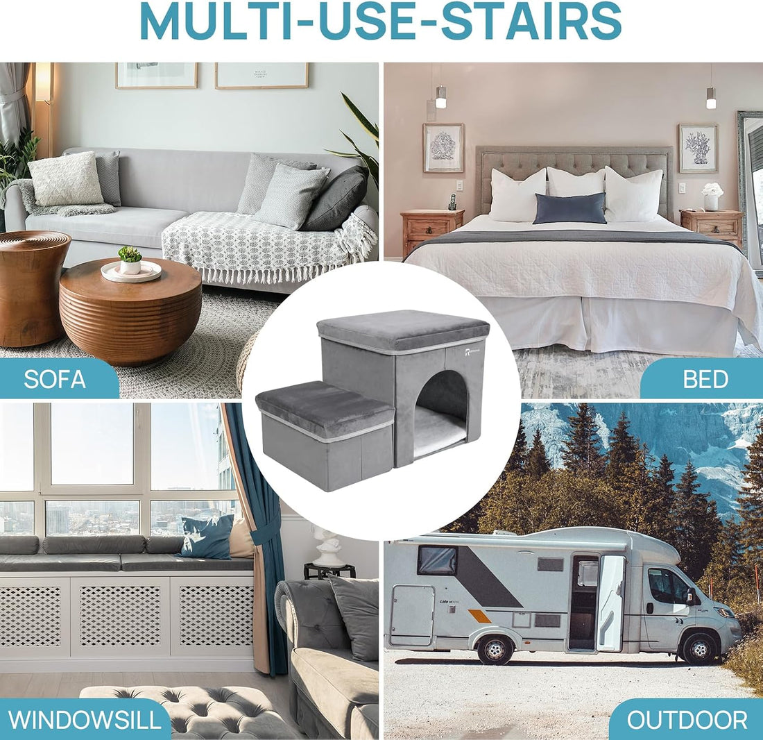 Foldable Pet Stairs with Cozy House & Storage