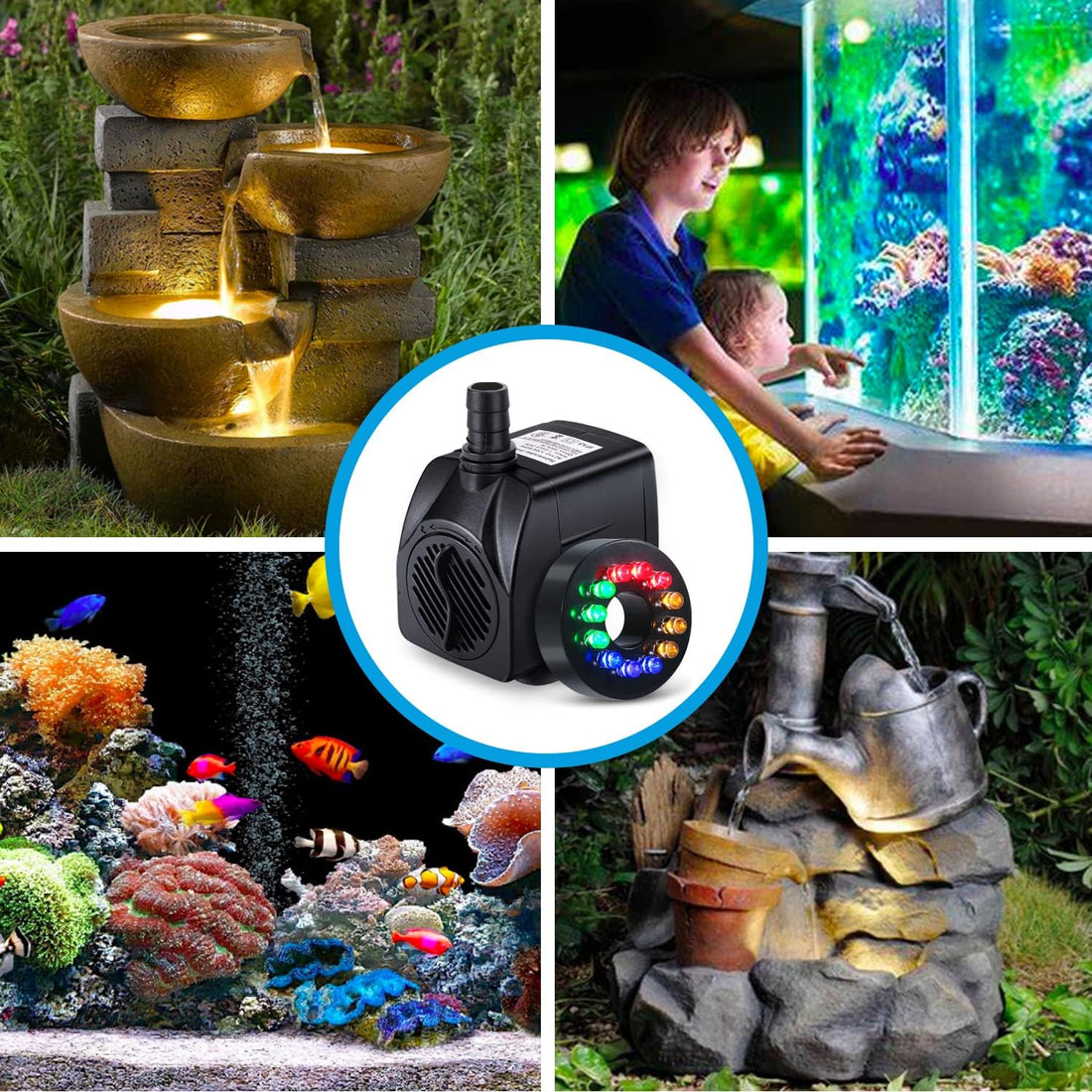 CWKJ Fountain Pump with LED Lights, 220GPH Submersible Water Pump