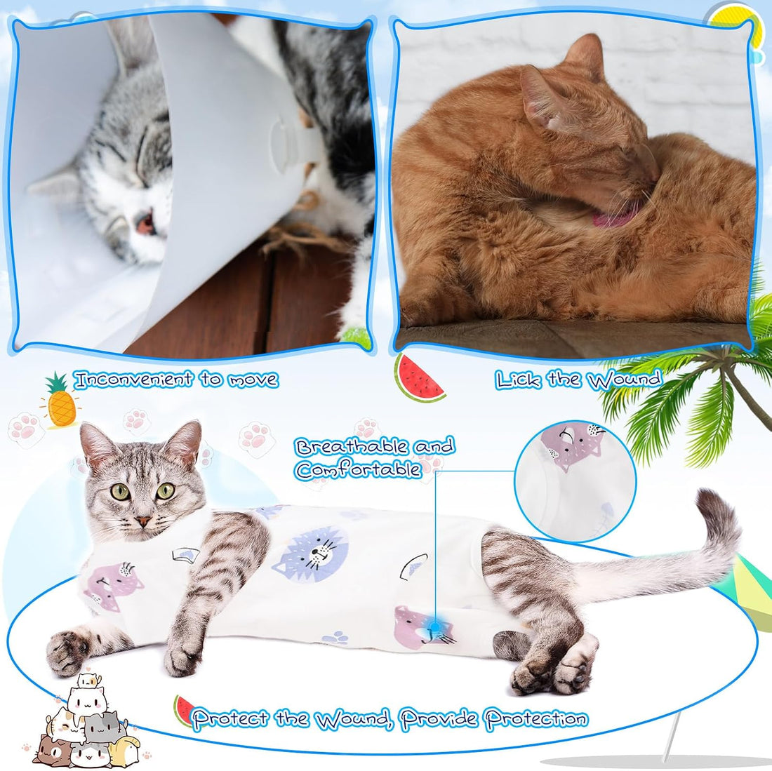 Kacctyen 6 Set Cat Recovery Suit After Surgery Female and Male Cat
