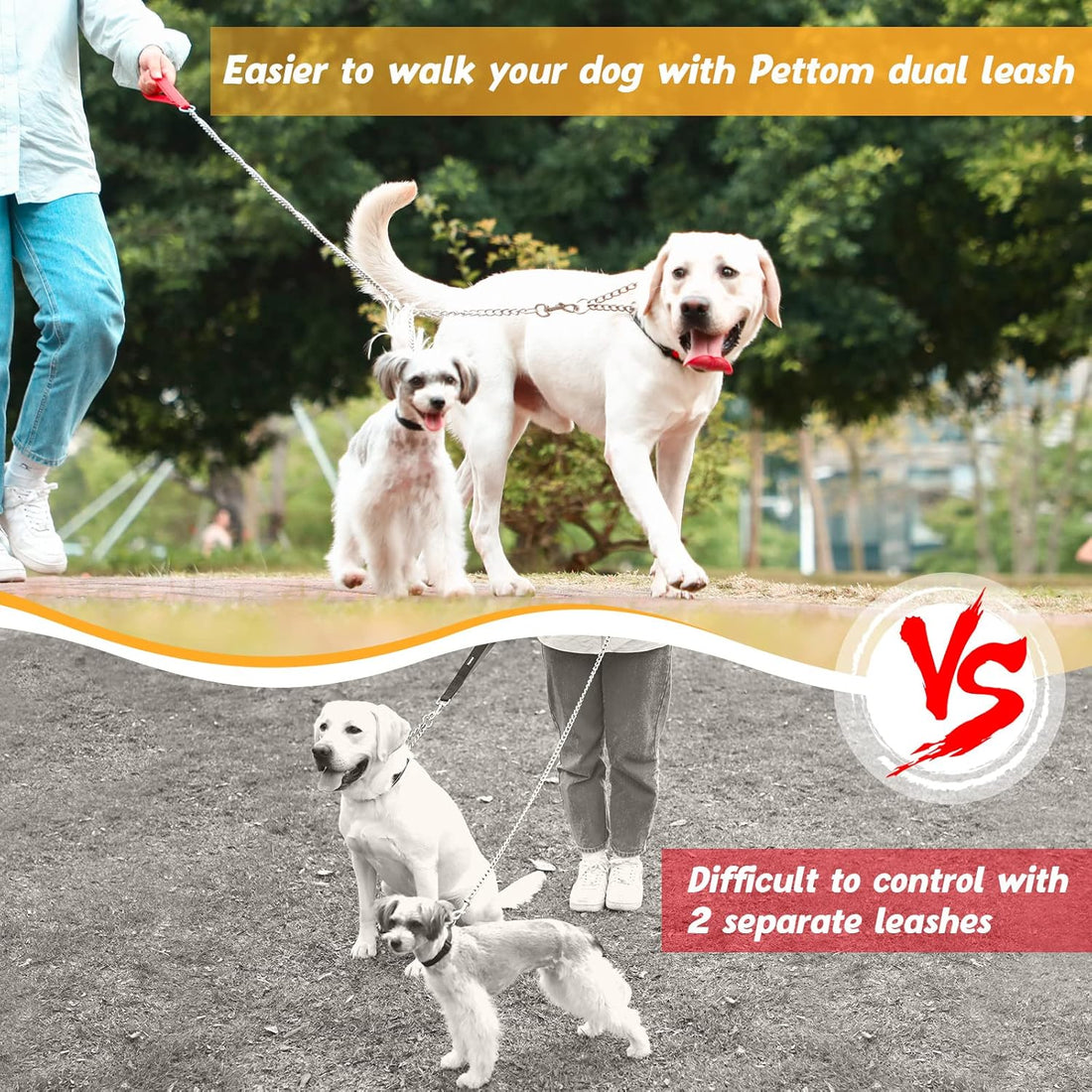 PETTOM Heavy Duty 2 Way Dog Lead Metal Chain Double Pet Clip Leash