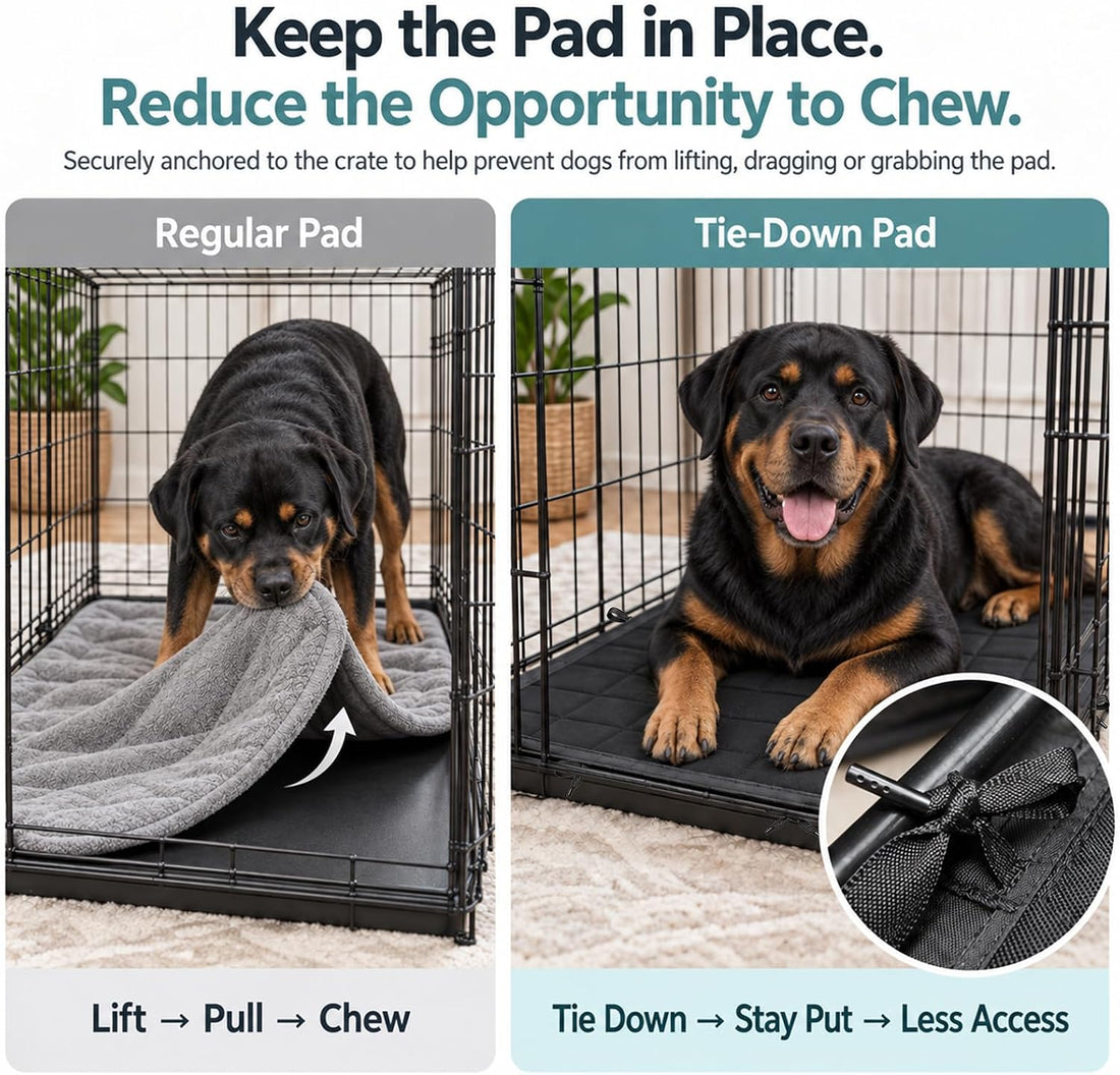 Chew Proof Dog Crate Pad with 8 Tie-Down Straps, Waterproof Dog Bed