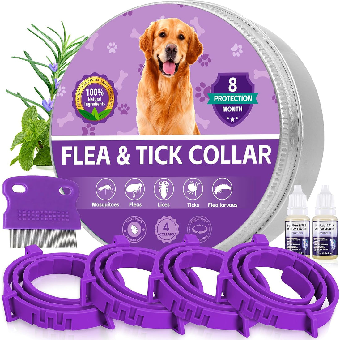 4 Pack Dog Collars for Small Medium Large Dog, Flea and Tick Collar