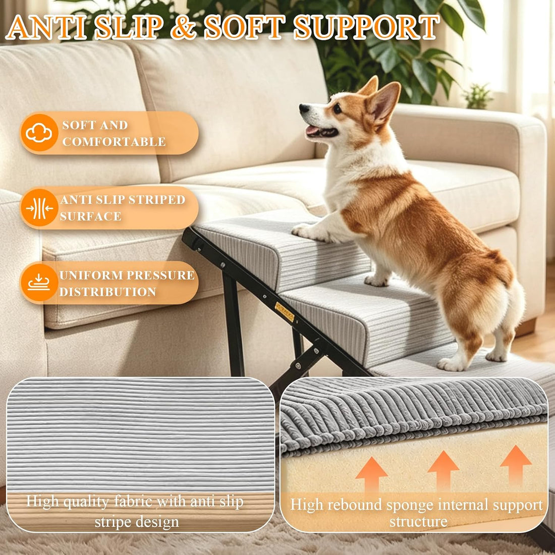 Adjustable Dog Ramp for Bed, 5-Level Pet Stairs 150 lbs Capacity