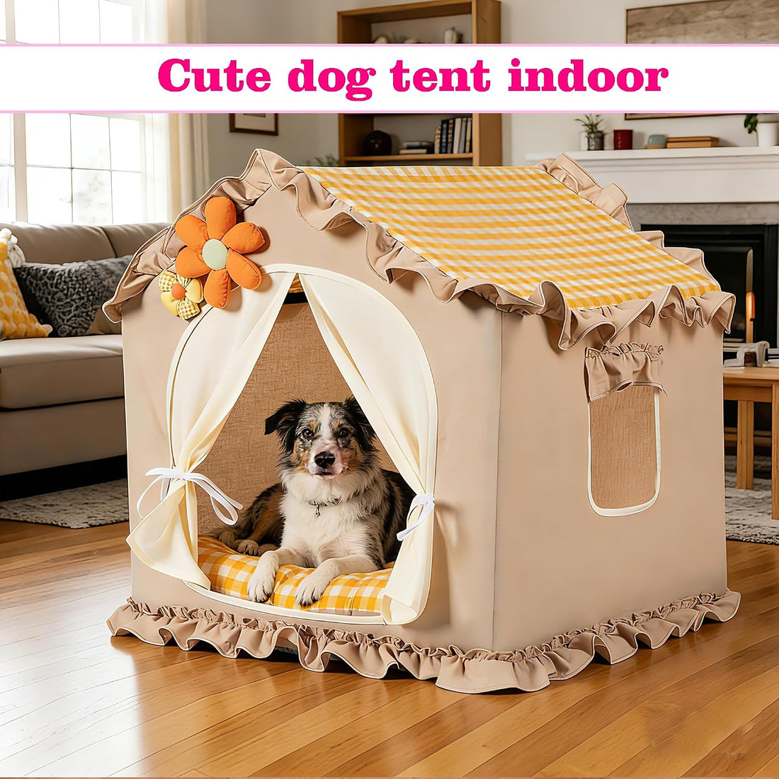 Yellow Indoor Dog House with Frame Foldable Breathable for Small Dog