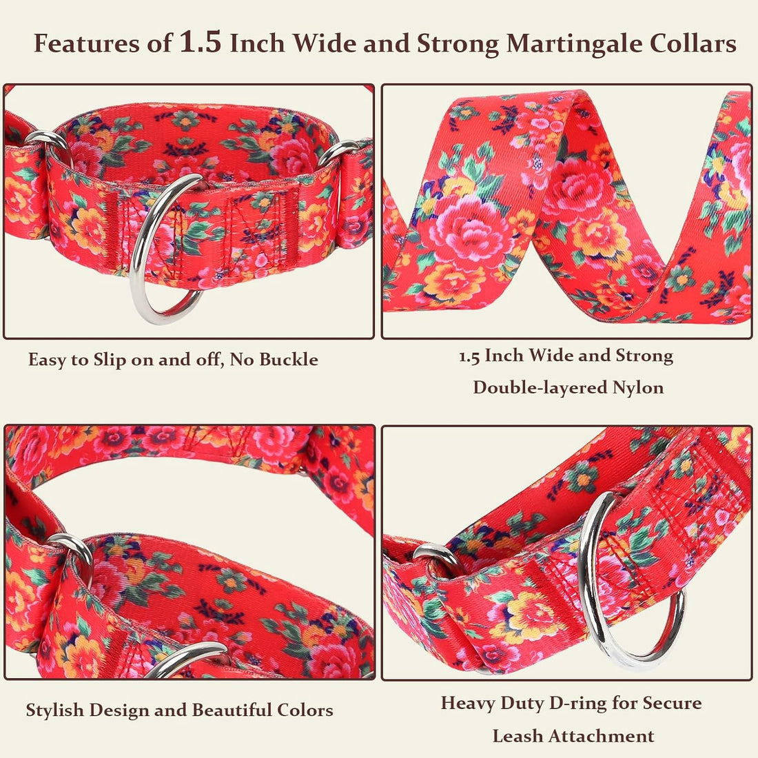 Wide Martingale Collar for Dogs,Red Floral No Pull Dog Collar
