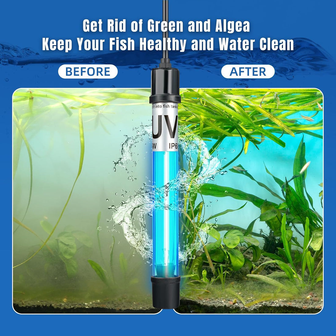 7W Aquarium UV Light for 20-100 Gallon Fish Tank Aquarium Light Algae