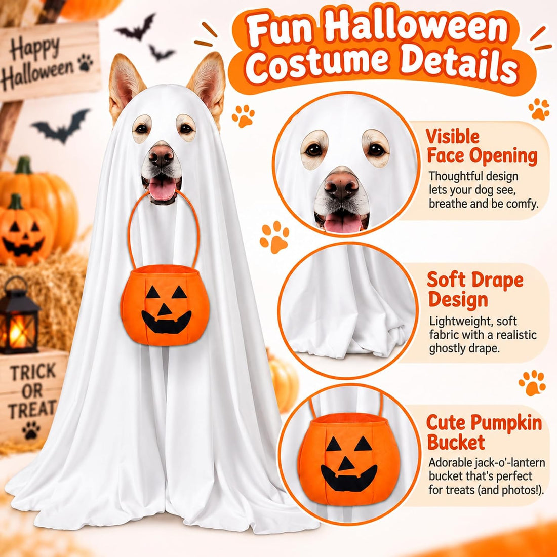 Huhumy 2 Pcs Halloween Ghost Costume for Dog Cat White Cape