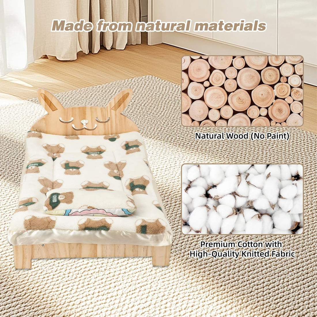 Large Wooden Rabbit Bed, 2-in-1 Bunny Bed with Gray Star Mat