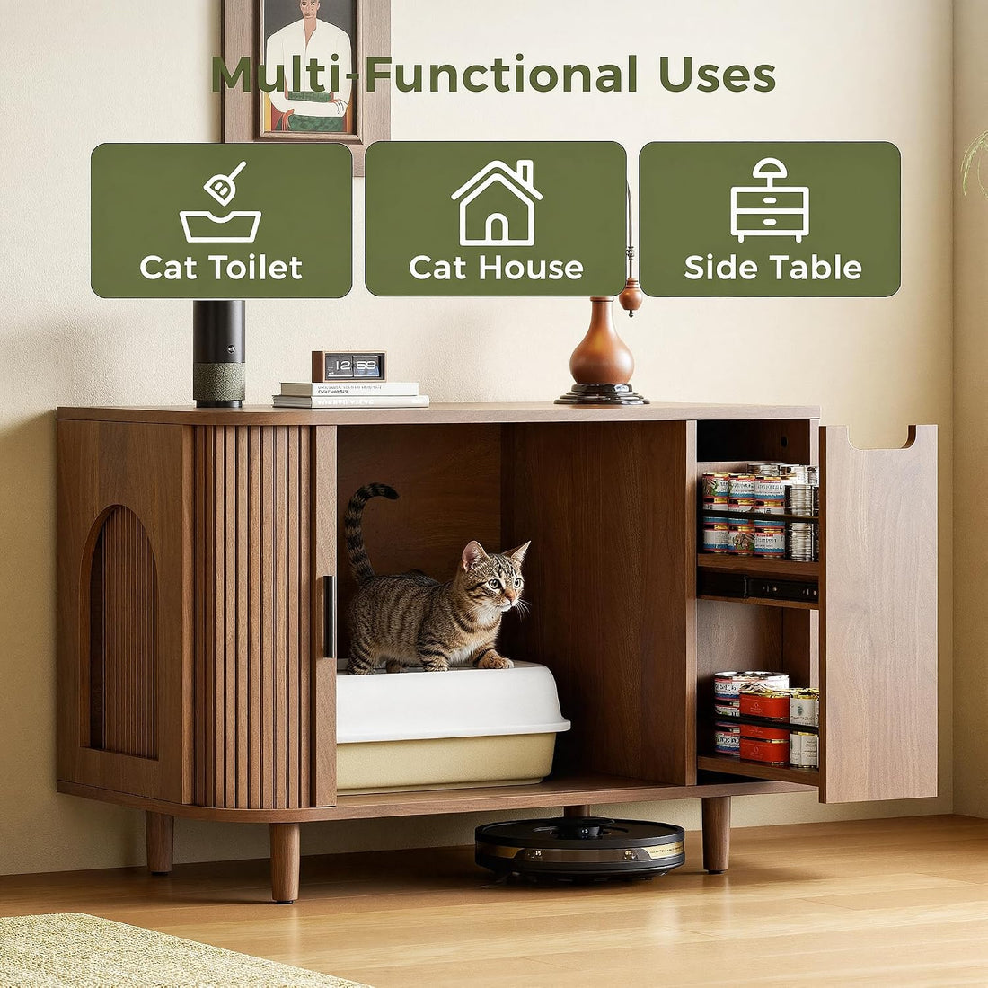 IRONCK Cat Litter Box Enclosure with Sliding Tambour Door