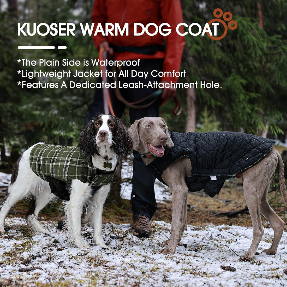 Kuoser Waterproof Dog Coat, Warm Reversible Dog Jacket with Leash Hole