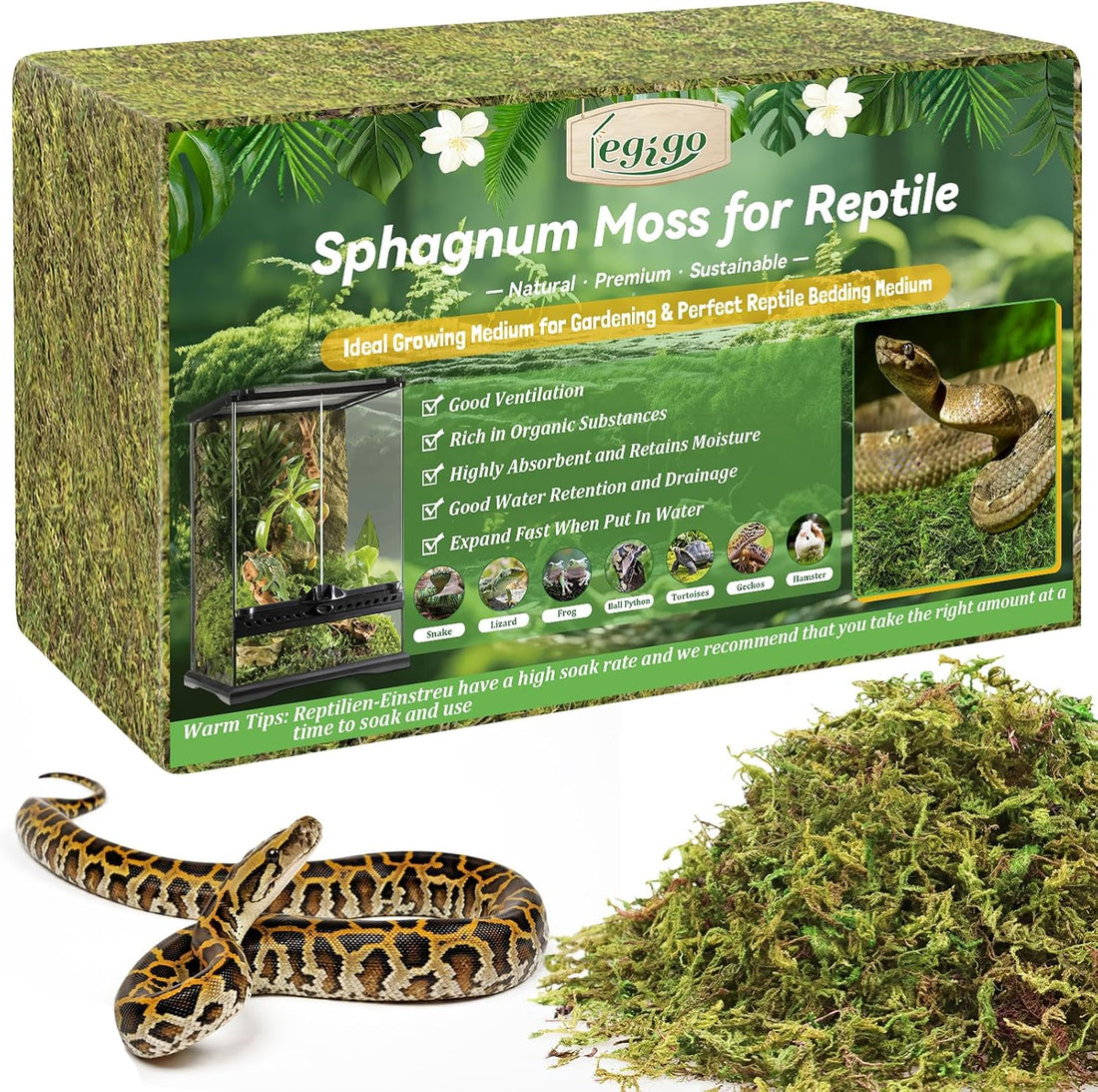Legigo 14OZ Natural Sphagnum Moss for Reptile Terrarium Substrate