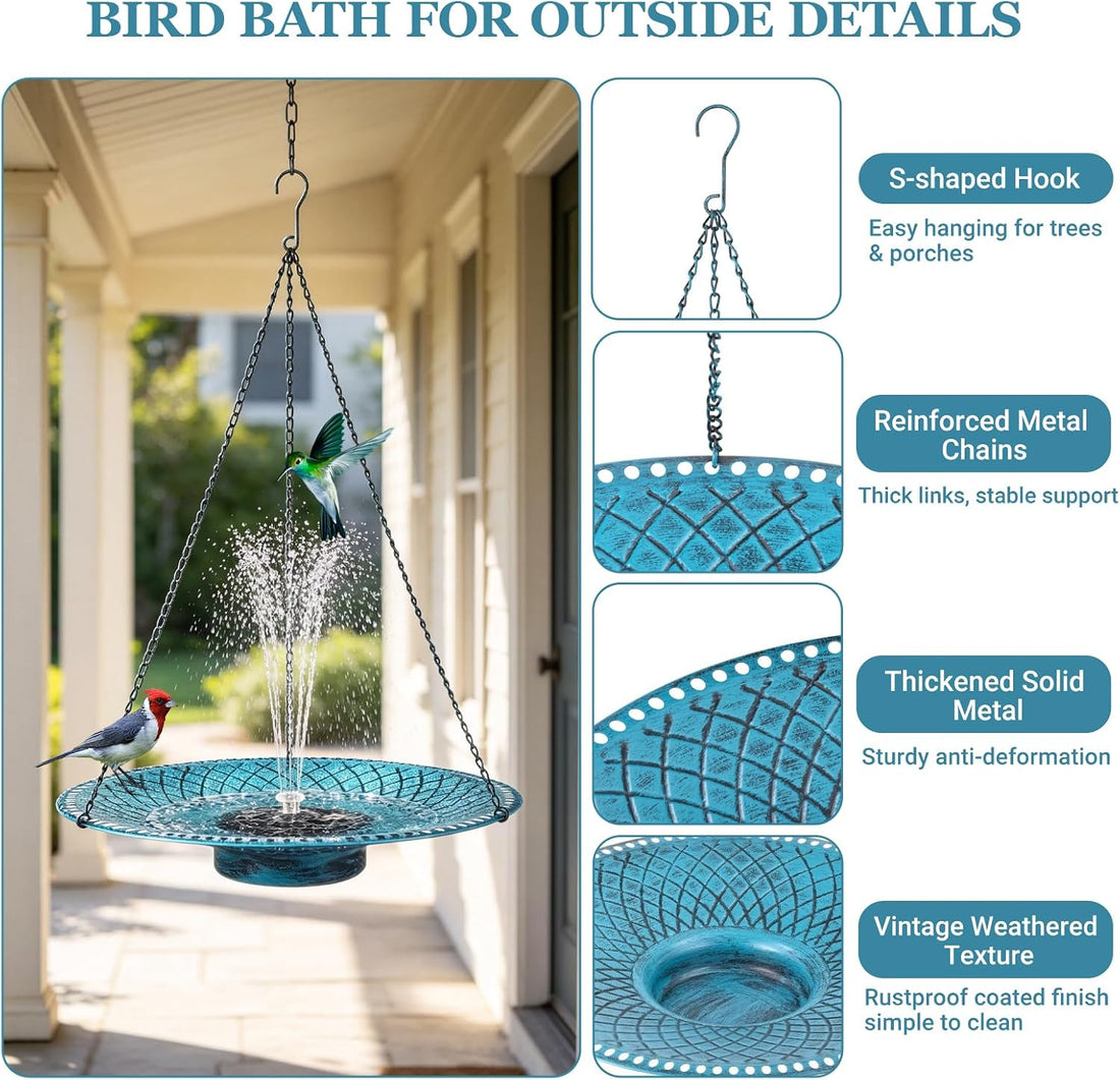 19.6" Large Hanging Bird Bath with Solar Fountain