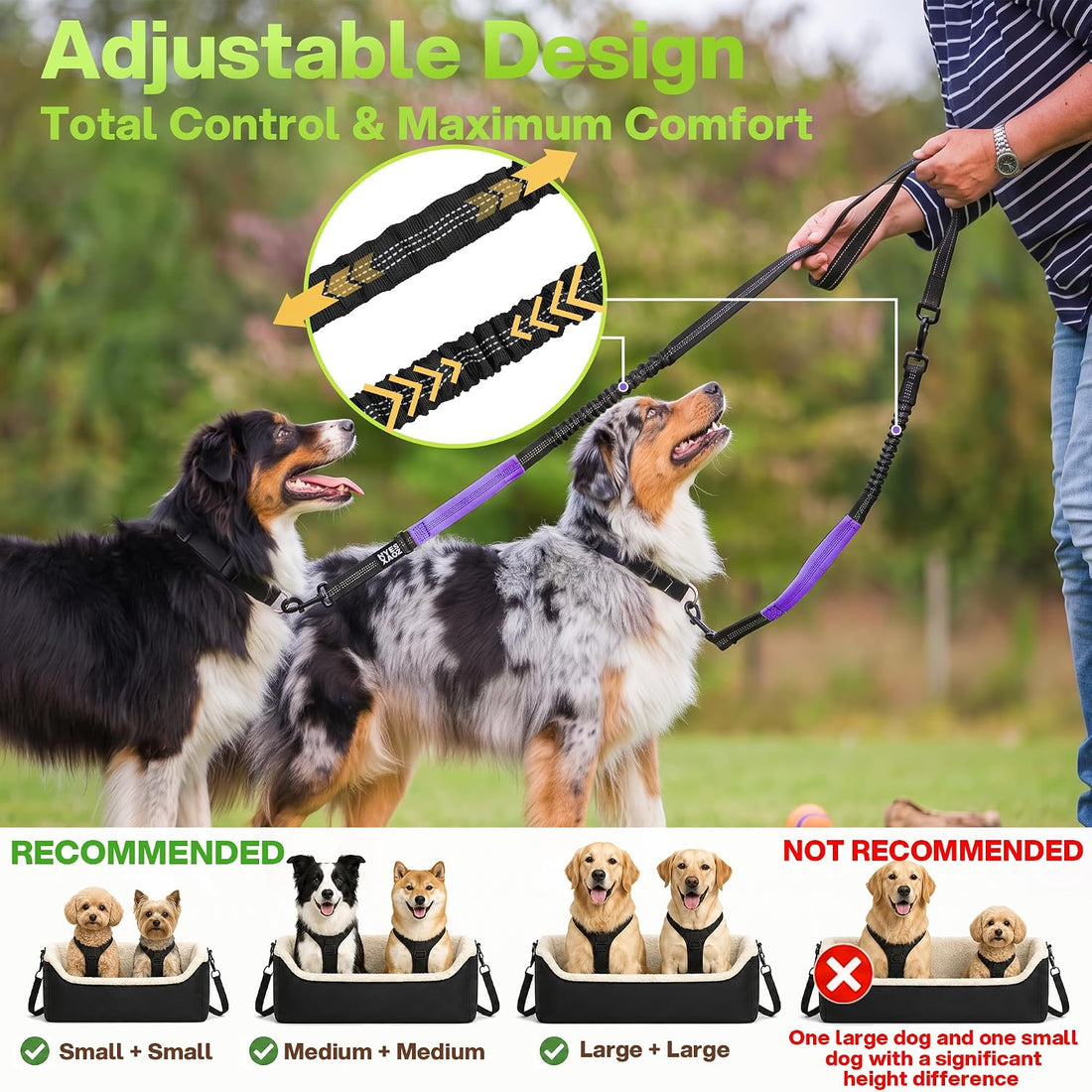 Double Dog Leash No Tangle - Hands Free Lead for 2 Dogs