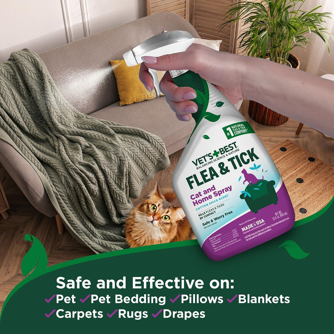 Vet's Best Cat Flea & Tick Spray 32 oz & Waterless Bath 5 oz Bundle