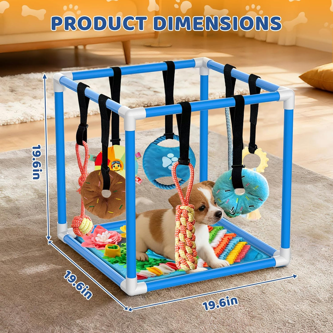 Puppy Play Gym & 8 Toys (Blue,19.6″ x 19.6″ x 19.6″) with Snuffle Mat