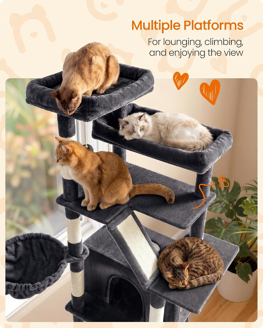 Feandrea Large Cat Tree, 72.6" Tall Sturdy Cat Tower for Indoor
