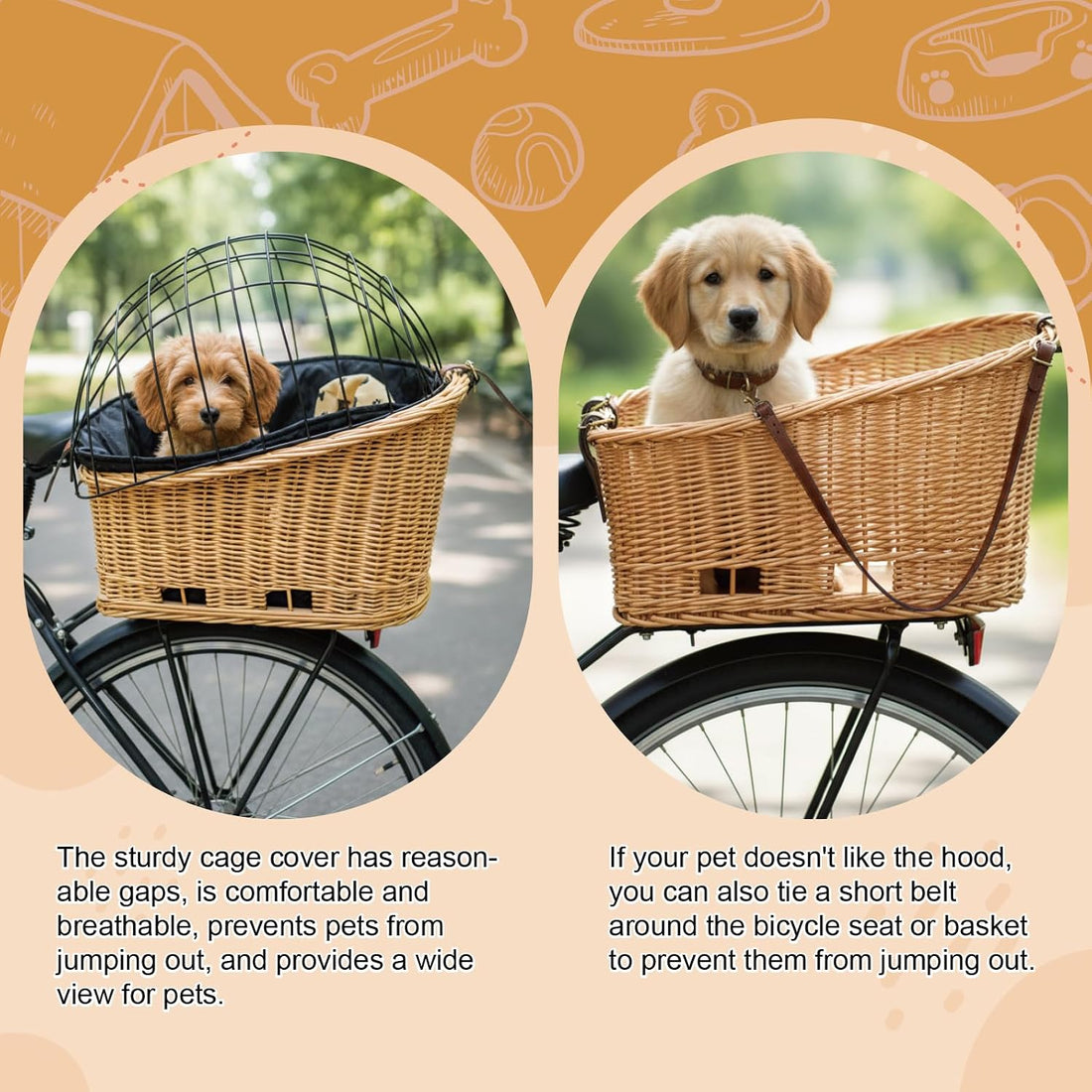 Rear Bike Basket for Dogs, Wicker Pet Bicycle Carrier for Small Dog